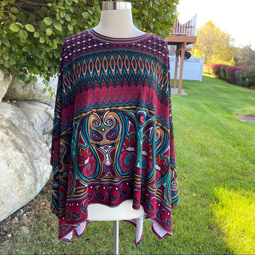 West Kei Multi-Color Poncho Style Paisley Boho Sweater